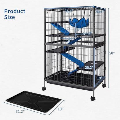Polar Aurora Metal Small Animal Cage 5 Tiers Homes for Pets Removable Ferret Cage with Lockable Wheels, 50" H Deluxe Chinchilla Cage with Hammock and Removable Tray