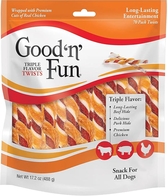 Good ‘n’ Fun Triple Flavor Twists for All Dogs, 70 Count, Treat Your Dog to Long-Lasting Chews Made with Beef Hide, Pork Hide and Chicken