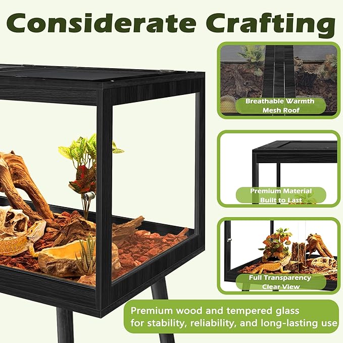 PROLEE Bearded Dragon Tank with Leg,Tempered Glass Lizard Tanks and Reptile Enclosure,Up to 78 Gallon Reptile Tank with Metal Mesh and Lockable Door for Snakes,Chameleon (Black, 78Gallons,48inch)