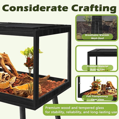 PROLEE Bearded Dragon Tank with Leg,Tempered Glass Lizard Tanks and Reptile Enclosure,Up to 78 Gallon Reptile Tank with Metal Mesh and Lockable Door for Snakes,Chameleon (Black, 78Gallons,48inch)