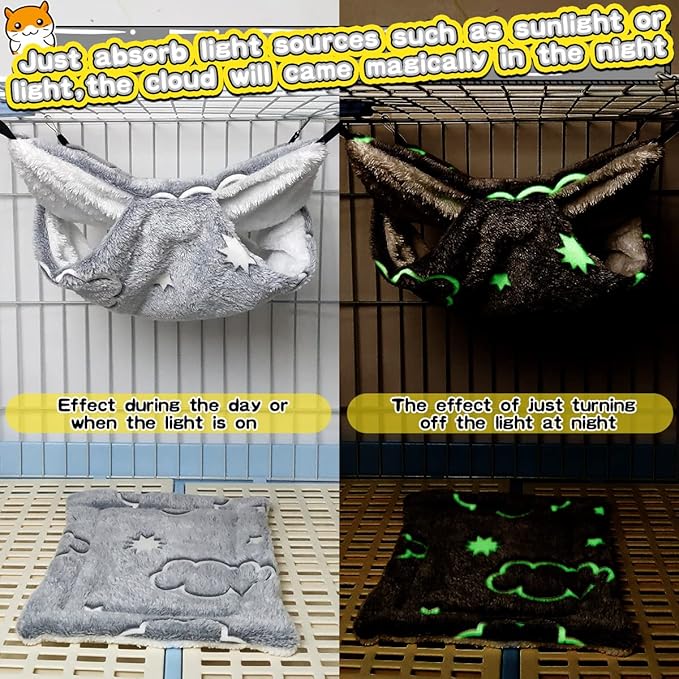 LEFTSTARER Noctilucent Luminous Guinea Pig Rat Hammock Bunkbed Hanging Tunnel and Soft Bed Mat for Ferret Hedgehog Squirrel Hideout Cage Accessories (3.Bunkbed Hammock and Mat)