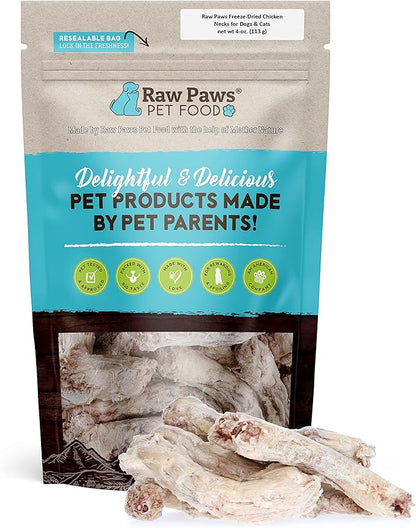 Raw Paws Freeze-Dried Chicken Necks for Dogs & Cats (4-Ounce) - Made in USA - Raw Freeze Dried Dog Treats - Chicken Necks for Cats - Single Ingredient Chews