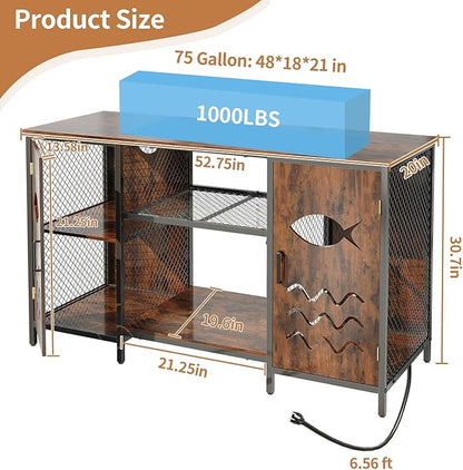 55-75 Gallon Fish Tank Stand with Power Outlet, 48 Inch Aquarium Stand with Cabinet and Shelf, Heavy Duty Metal Rack for Turtle Tank, Reptile Terrarium, 52.7''L×20''W×30.7''H, Retro Brown