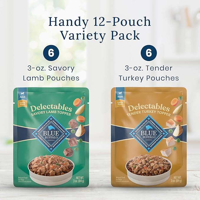 Blue Buffalo Delectables Natural Wet Dog Food Topper Variety Pack, Lamb & Turkey Dinner 3oz (12 Pack - 6 of Each Flavor)