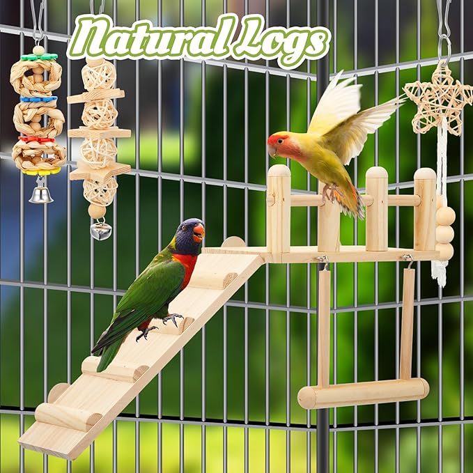10 Pcs Bird Toys for Parakeets Parrot Swing Toys and Wooden Parrot Perches Platform with Climbing Ladder Chewing Standing Hanging Hammock Cage Toy Accessories for Budgerigar Cockatiel Finches