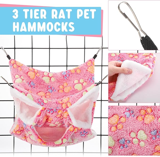Abbylike 9 Pieces Rat Hammock 3 Tier Guinea Pig Ferret Hammocks Small Pet Hanging Tunnel Glider Toy Guinea Pig Ferret Hideout Bed Cage Accessories for Hamster(Purple, Pink, Rose Red,Paw)