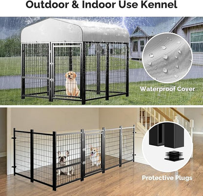 Sino Luban Outdoor Dog Kennel Outside Run with Doggy Door&Waterproof Roof - 4x4x4.5FT Large Dog Kennels Pens Outside for Small/Medium Dogs - Heavy Duty Cage Yard (Can Connect to Your Dog House)