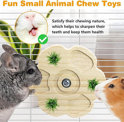 PINVNBY 2 PCS Natural Wooden Chinchilla Chew Toys Rotatable Chinchilla Toy Interactive Teeth Grinding Chew Toy Hanging Chinchilla Cage Accessories for Bunny Rabbit Guinea Pig Hamster Squirrel (Flower)