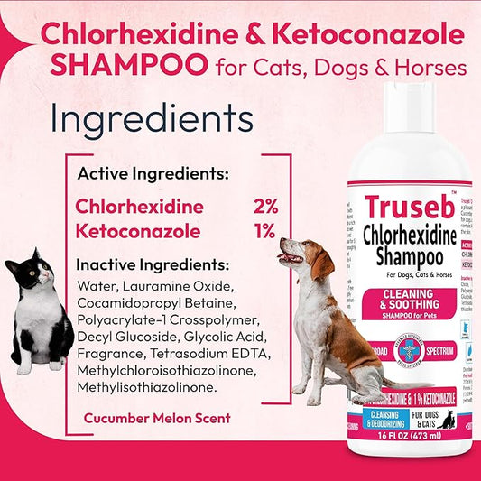 Truseb Topical Ketoconazole and Chlorhexidine Shampoo for Dogs, Cats, and Horses with Aloe - 16 oz (Ketoconazole & Chlorhexidine Shampoo, 16 oz)