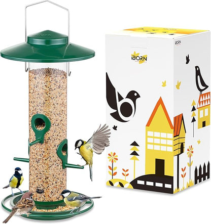 iBorn Bird Feeders for Outdoors, 2LB Metal Bird Feeders 17cm Large Roof &Tray, 4 Feeding Ports, Green Finish