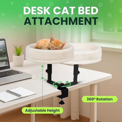 Zayana Cat Desk Bed Attachment - 360° Rotating & Adjustable Height Cat Bed Desk Mount with Soft Faux Fur Washable Cover, Space Saver Hammock for Home Office & Gaming Table, Supports Up to 45 lb, Beige