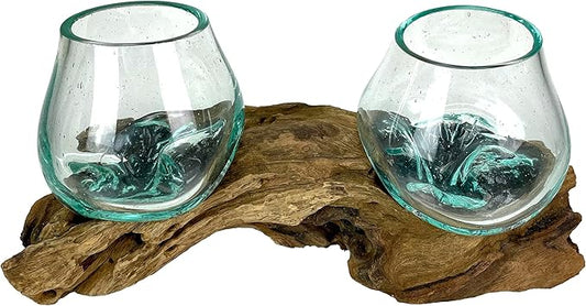 Double Molten Glass Bowl on Driftwood Base, Hand Blown Glass and Wood Centerpiece, Unique Rustic Table Decor, Dual Planter Terrarium, Natural Wood Art Glass Sculpture, 10.5 Inch Artisan Accent