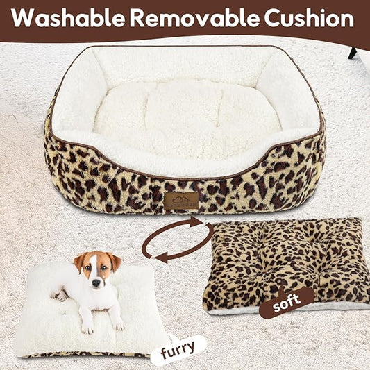 Rectangle Cat Dog Bed for Large Medium Small Pets Indoor Outdoor Machine Washable Sleeping Sofa Non-Slip Bottom Soft Puppy Bed Durable Orthopedic Calming Pet Cuddler (Medium, Leopard)