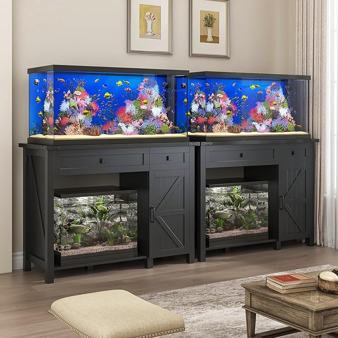40 Gallon Aquarium Stand With Charging Station, Farmhouse Fish Tank Stand, 30-40 Gallon Reptile Tank Stand Terrarium Stand with Drawer and Cabinet Storage, Sturdy Heavy Duty 41.9"×18.3" Tabletop - Black