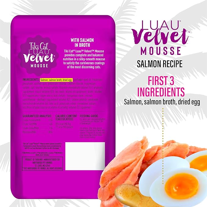 Tiki Cat Luau Velvet Mousse, Salmon in Broth, Complete Nutrition for Balanced Diet, Wet Cat Food For All Life Stages, 2.8 oz. Pouch (Pack of 12)