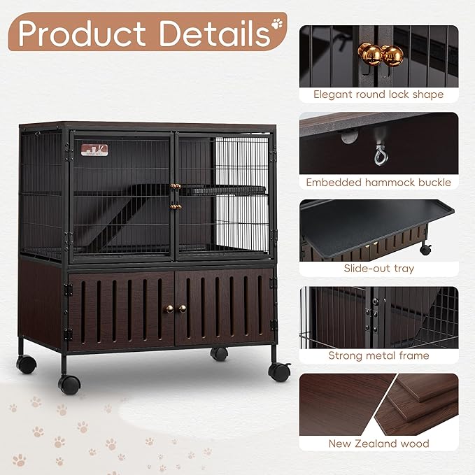 HABUTWAY 36.5''H Metal Large Ferret Cage, Rolling Chinchilla Cage with Removable Ramps& Double Door, Critter Nation Cage with Locker, Indoor Wooden Pet Crate Furniture