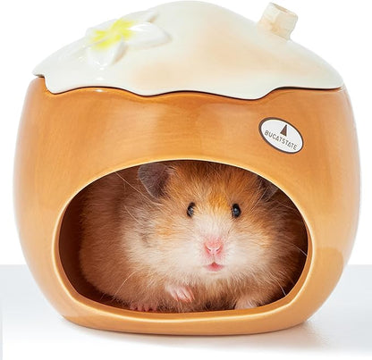 BUCATSTATE Hamster Hideout Ceramic, Coconut Shape Hamster House and Habitat for Dwarf Hamsters, Mice, Syrian Hamsters, Chipmunks or Other Small Pets (Brown-Large)