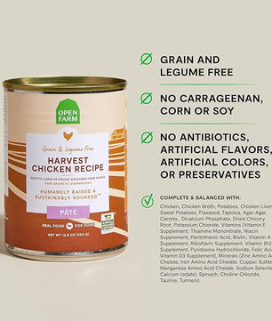 Open Farm Canned Dog Food, Paté for Complete & Balanced Nutrition, Grain-Free and Legume-Free, Harvest Chicken Recipe, 12.5oz Cans (Pack of 12)