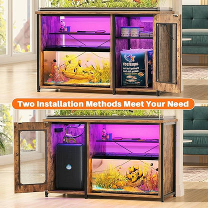 Unikito 55-75 Gallon Aquarium Stand with Power Outlets & LED Light, Reversible Fish Tank Stand with Cabinet for Fish Tank Accessories Storage, Heavy Duty Metal Frame, 880LBS Capacity, Rustic Brown