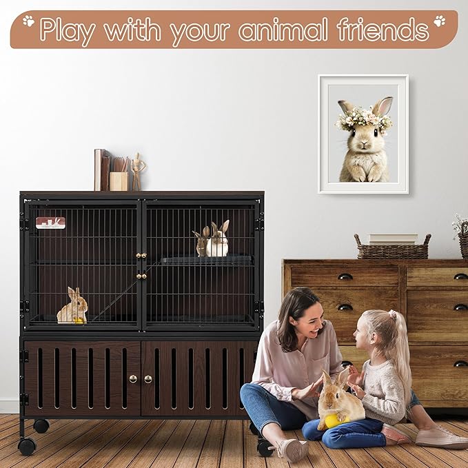 HABUTWAY 36.5''H Metal Large Ferret Cage, Rolling Chinchilla Cage with Removable Ramps& Double Door, Critter Nation Cage with Locker, Indoor Wooden Pet Crate Furniture