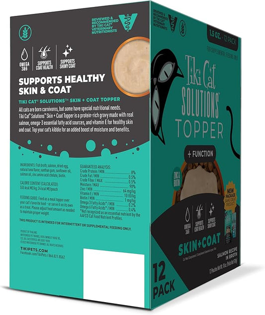 Tiki Cat Solutions Topper Multipack, Skin Coat, Salmon Recipe in Broth, 1.5 oz. Pouch (12 Pack)