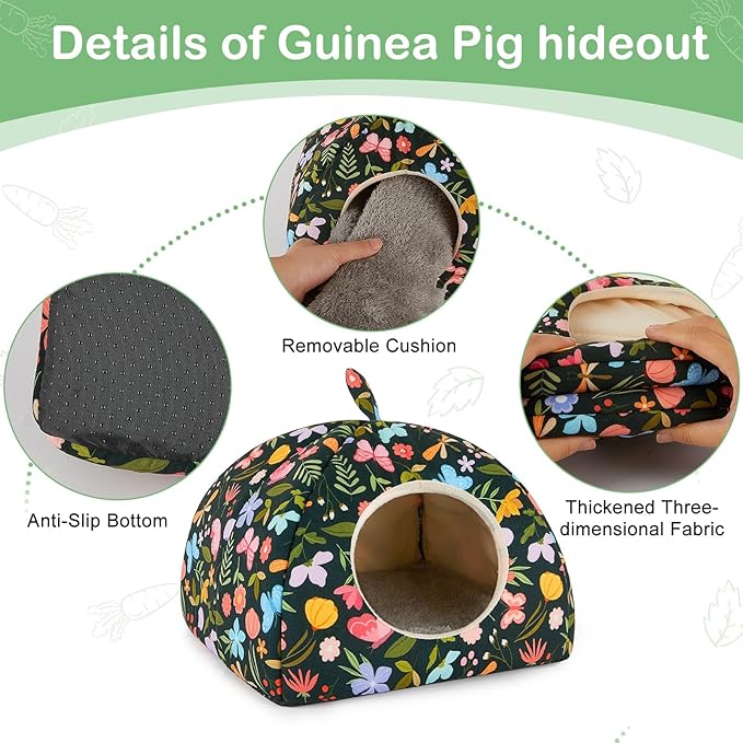 Bienbee Guinea Pig Hideout, Washable Rabbit Bed with Guinea Pig Tunnel, 2 Pack Guinea Pigs Toys Set Bunny Hideout Cage Accessories for Hamster Ferret Rabbits Bunny, Green Flowers