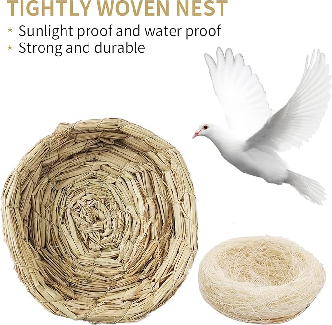 Fhiny Handmade Woven Bird Spawning Nest with Coconut Fiber Liner Flat Base Straw Bird Nest Bed Hatch Roosting for Dove Pigeon Parrot Turtle Quail Macaw Cuckoo Sparrow