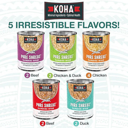 KOHA Pure Shreds Dog Food, 5 Flavors Variety Pack, Wet Food for Picky Eaters, Low Fat, High Protein, 12.5oz Cans, 2 x 6 Pack Cans