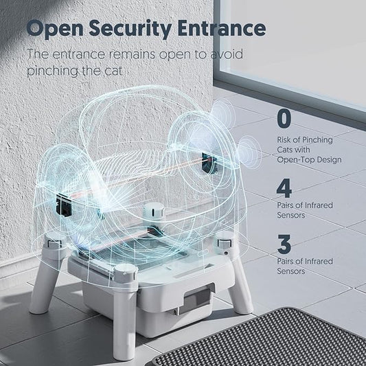 Automatic Litter Box, Open-Top Self Cleaing Litter Box with Safety Sensors and 10 L Waste Container, Suitable for Multiple Cats, White