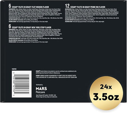 Cesar Filets in Gravy Adult Wet Dog Food, Filet Mignon, New York Strip and Prime Rib Flavors Multipack, 3.5 oz. (24 Count, Pack of 1)