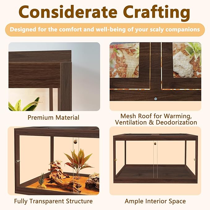 PROLEE Bearded Dragon Tank,27 Gallon Reptile Tank with Meatl Mesh Roof and Front Sliding Door, Anti-Scratch Lizard Tank,Spacious Reptile Enclosure for Snakes,Lguanas, Chameleons(Walnut)