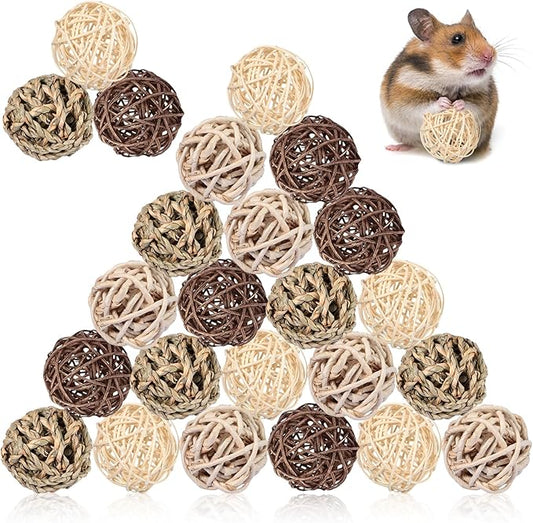 24 Packs Guinea Pigs Toys Small Animals Play Balls Chew Gnawing Treats Bunny Toys Hay Grass Balls for Small Animals Entertainment PET Cage Accessories