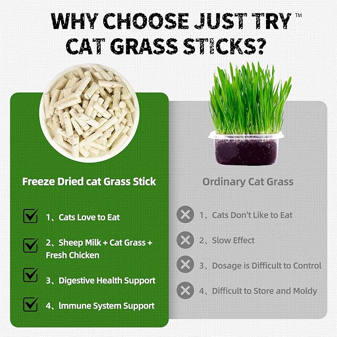 Just Try 6.34OZ Cat Treats, Freeze Dried Cat Grass Teething Stick,Healthy Training Treats Food Topper,Hairball Control Teeth Cleaning Dental Treats for Indoor Cats (6.34 OZ, Chicken)