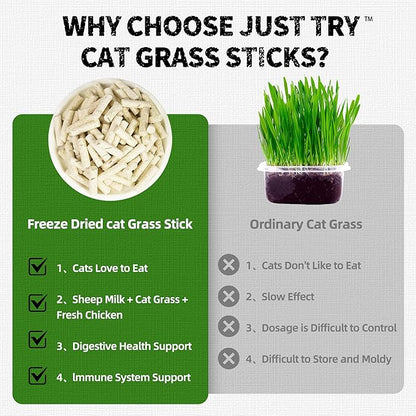Just Try 6.34OZ Cat Treats, Freeze Dried Cat Grass Teething Stick,Healthy Training Treats Food Topper,Hairball Control Teeth Cleaning Dental Treats for Indoor Cats (6.34 OZ, Chicken)