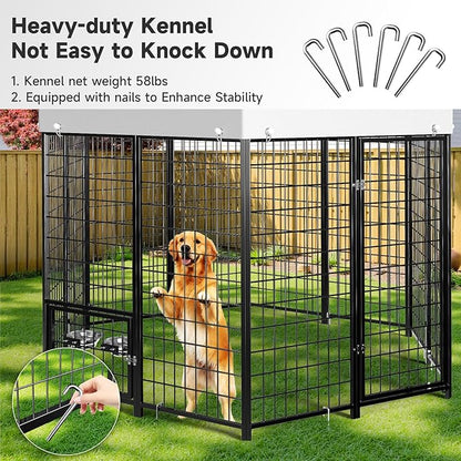 Outdoor Dog Kennel with Roof, Weatherproof Large Dog Kennel Outside with Swivel Feeders & Removable Doggy Door, Heavy Duty Hexagon Dog Run Pet Gazebo for Large Dogs (7.4'Lx7.4'Wx6.4'H)