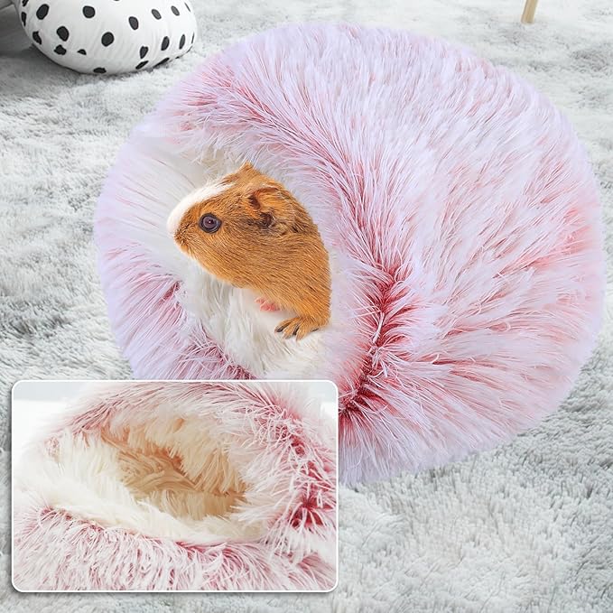 Soothing Guinea Pig Hideout, Doughnut Guinea Pig Bed with Hooded Cover, Washable Hamster Rabbit Bunny Bed, Washable Round Cave Beds for Small Animal Bunny Rabbit Hideout (Pink)