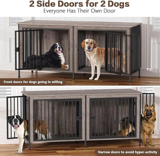 EasyCom Dog Crate Furniture for 1 or 2 Dogs, Heavy Duty Single/Double Dog Crates for Small/Medium/Large Dogs, Dog Kennel Furniture Indoor as TV Stand, Large Size 78.74" L(35-60 Pounds), Oak Grey