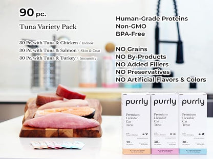 Purrly Healthy Premium Cat Treats Snack Topper Tuna Variety Bundle (90 Count) Lickable Wet Squeezable Hydrating Interactive Seafood Grain-Free Naturally Flavored Non-GMO No-Preservative