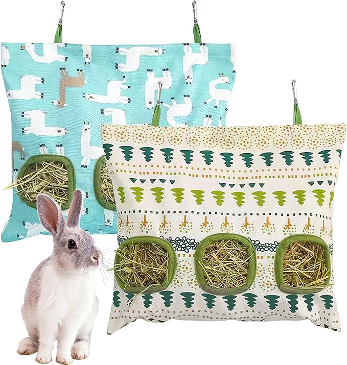 Lesnala 2pcs Bunny hay Feeder Hanging Guinea Pig Food Bag Large Capacity Cotton Canvas Fabric for Rabbits Chinchillas Hamsters and Other Small Pets 3 Holes 2 Styles