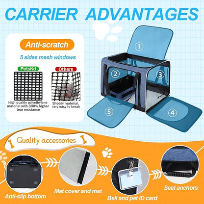 Petskd Extra Large Cat Carrier with Litter Box 24"x17"x17" for Medium Large Cat or 2 Small Cats, Collapsible Soft Sided Pet Carrier for Car Travel with Lockable Safety Zippers(Blue)