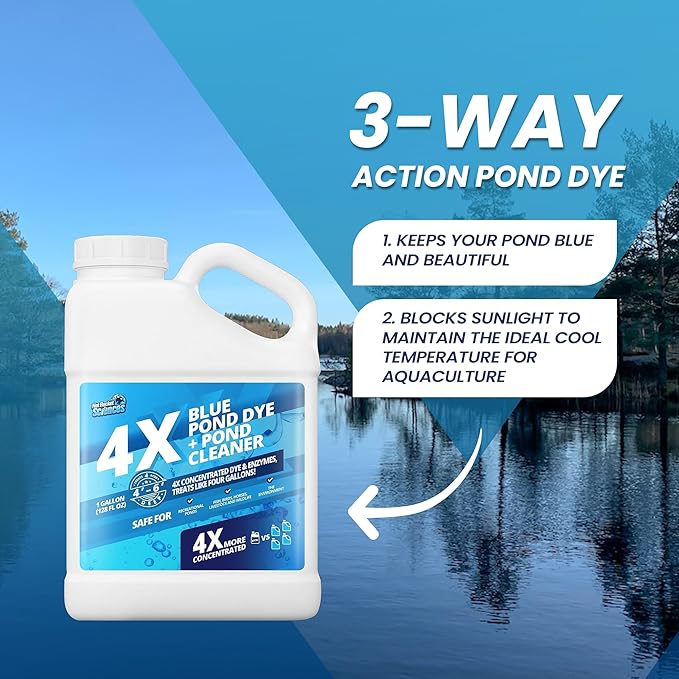 1 Gallon 4X Blue Pond Dye + Pond Cleaner, Blue Dye for Ponds and Lakes, 2-in-1 Lake Colorant + Enzymes, Makes Murky Water Clean & Beautiful, Keeps The Water Cool, Clear, and Ideal for Fish & Wildlife