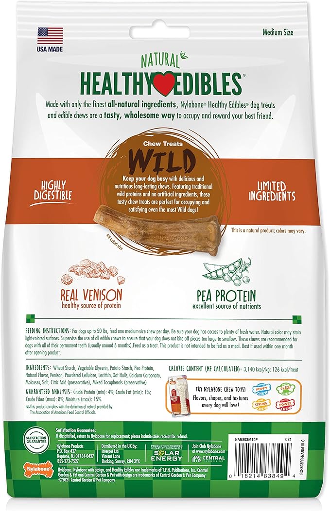 Nylabone Healthy Edibles WILD Natural Dog Chew Treats for Large Dogs, Long Lasting Dog Healthy Chew Antler Bone Made in USA, Venison Flavor, For Dogs Up to 50 lbs. (10 Count)