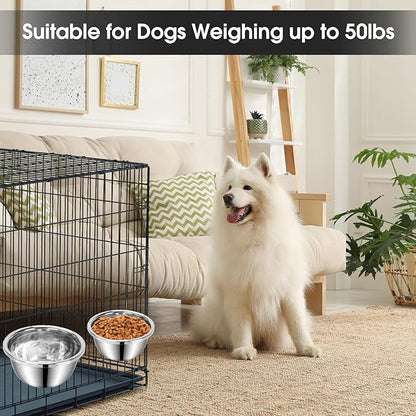 Dog Crate Bowls Hanging No Spill, 2 Pack 47oz & 56oz Crate Water Bowl Stainless Steel Kennel Food Bowl Water Dispenser Set Mountable Cage Accessories Metal Feeder Dish Coop Cup for Large & Medium Pet