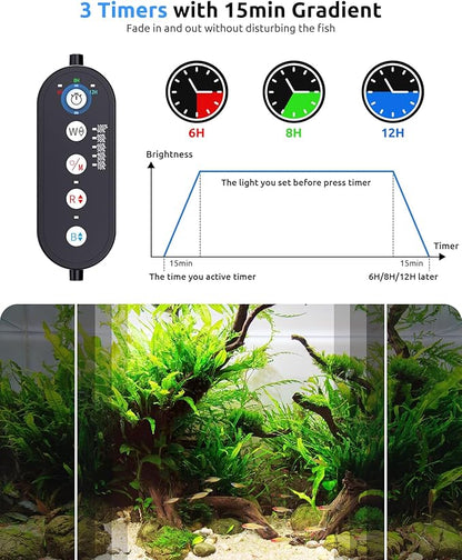 Aquarium LED Light for 18-24in Freshwater Tank, Full Spectrum Aquarium Light for Plant Growth, 6H/8H/12H Timer, WRB 3 Channel Customizable, 10 Brightness & 11 Colors, Adjustable Bracket - 16W