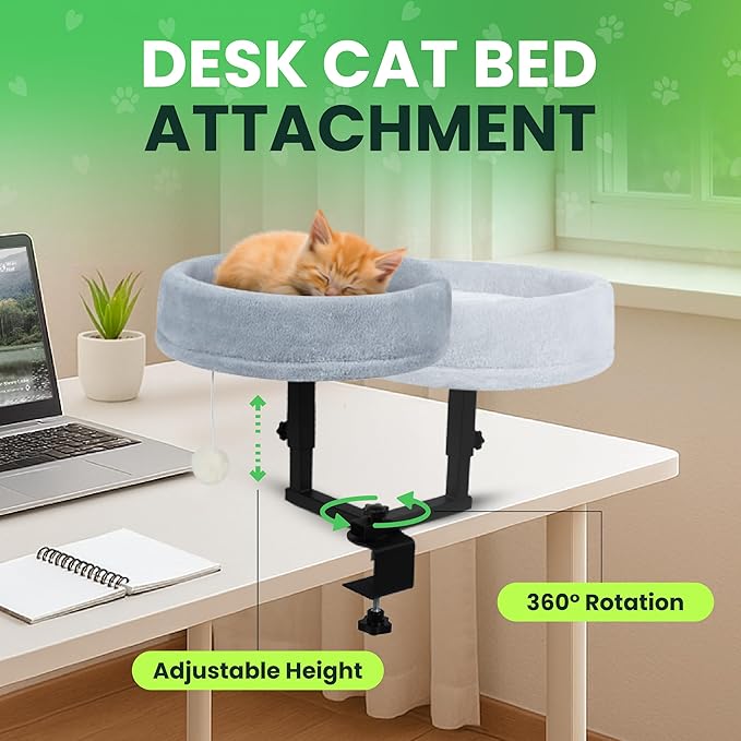 Zayana Cat Desk Bed Attachment - 360° Rotating & Adjustable Height Cat Bed Desk Mount with Soft Faux Fur Washable Cover, Space Saver Hammock for Home Office & Gaming Table, Supports Up to 45 lb, Grey