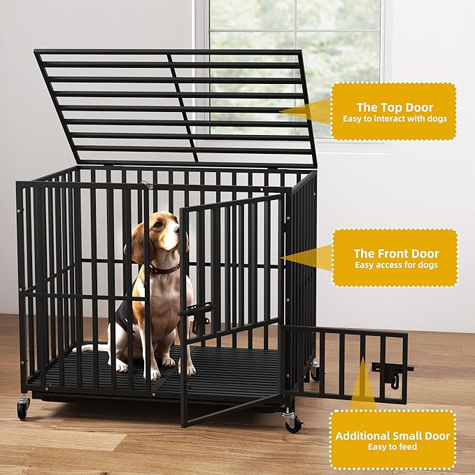 DWVO Heavy Duty Dog Crate, 38 Inch Escape-Proof Dog Cage Indoor Kennel for Medium Small Dogs with Lockable Wheels, 3-Door Design, High Anxiety Dogs Crate with Removable Trays