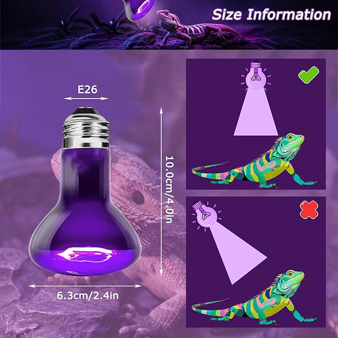 75W Reptile Night Light Bulb – 2.5" Compact Purple UVA Basking Lamp for Lizards, Chameleons, Snakes, Turtles, Amphibians, Bearded Dragons – Indoor Terrarium Heat & Night Lamp, 2-Pack