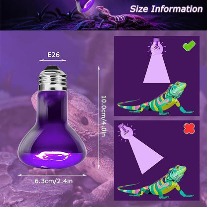 75W Reptile Night Light Bulb – 2.5" Compact Purple UVA Basking Lamp for Lizards, Chameleons, Snakes, Turtles, Amphibians, Bearded Dragons – Indoor Terrarium Heat & Night Lamp, 2-Pack