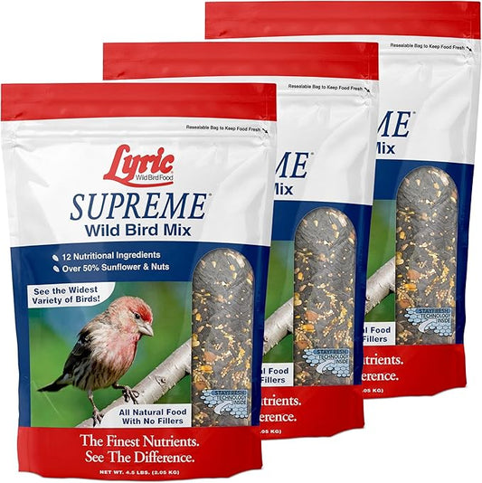 Lyric Supreme Wild Bird Seed for Outside Feeders - Wild Bird Food Mix with Nuts & Sunflower Seeds, Attracts Many Beautiful Songbirds, 13.5 lb (Pack of 3-4.5 lb Bags)