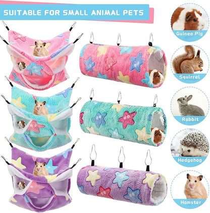 Abbylike 9 Pieces Rat Hammock 3 Tier Guinea Pig Ferret Hammocks Small Pet Hanging Tunnel Glider Toy Guinea Pig Ferret Hideout Bed Cage Accessories for Hamster(Green, Purple, Pink,Star)